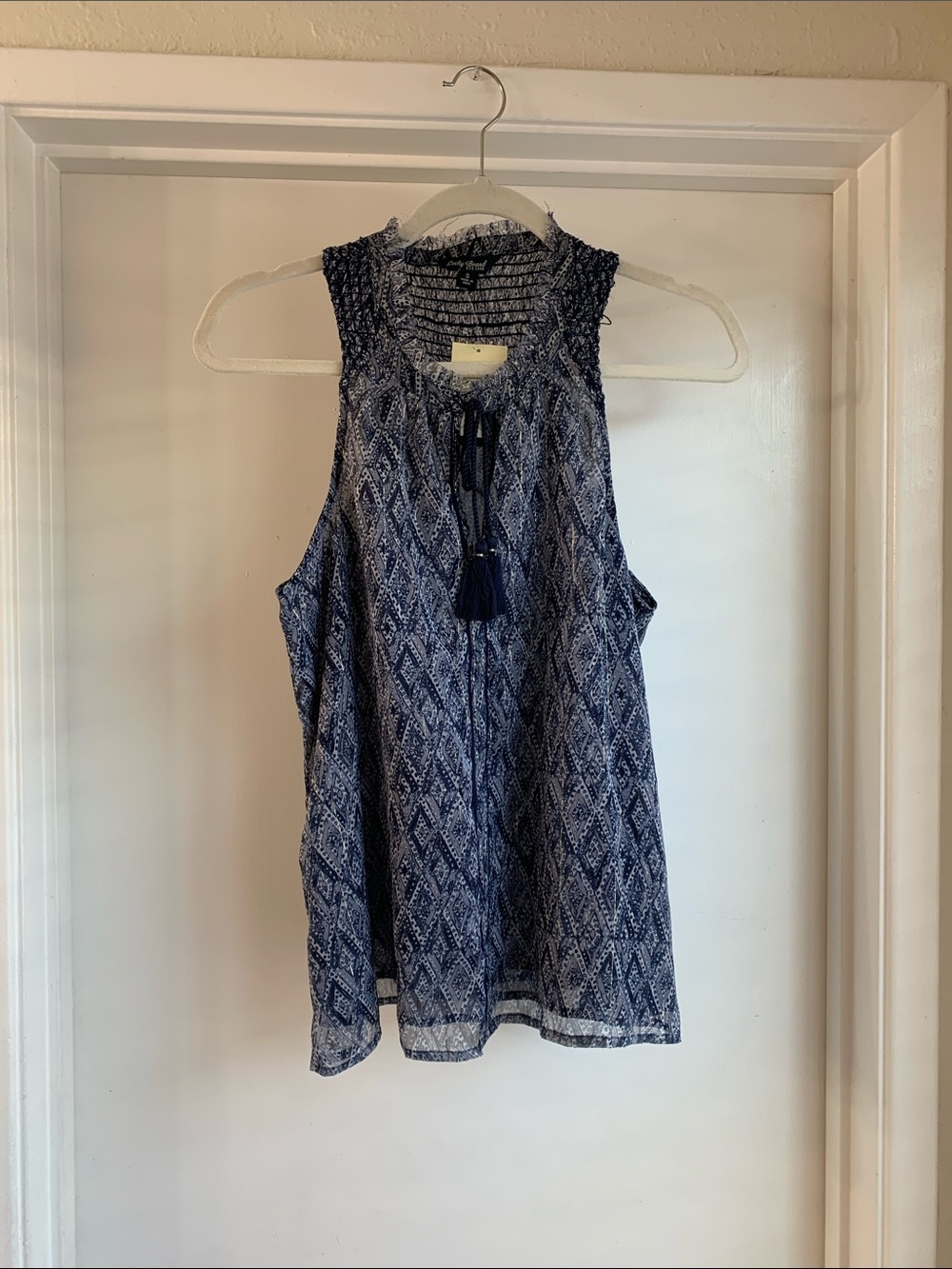 Lucky Brand Sleeveless Women's Small Navy Blue Geometric Boho Tassels Blouse